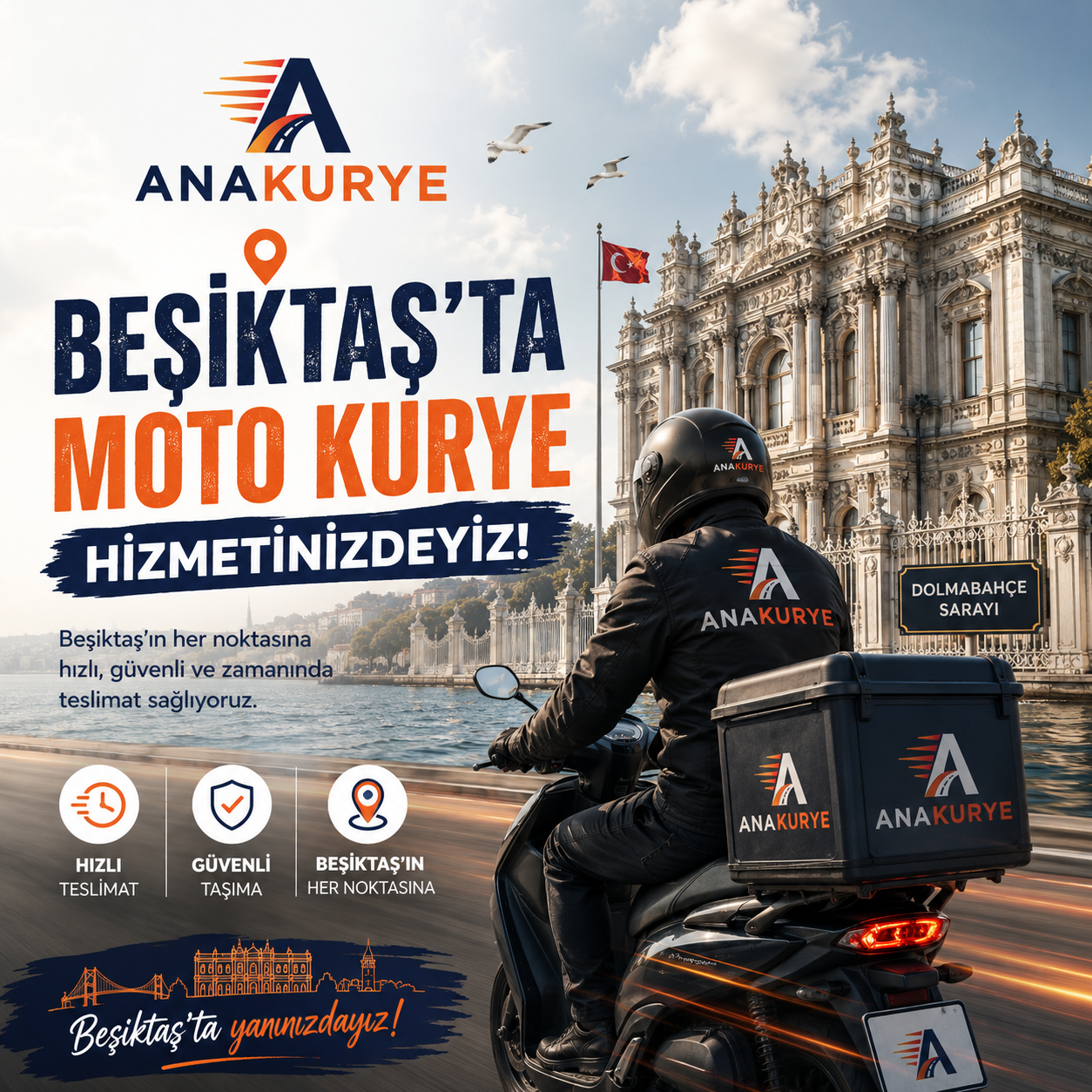 Ana Kurye Beşiktaş moto kurye hizmeti, Dolmabahçe Sarayı çevresi ve Beşiktaş sahil hattında hızlı güvenli teslimat